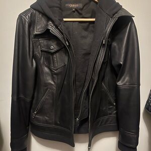 Quince Black Leather Jacket with Hoodie